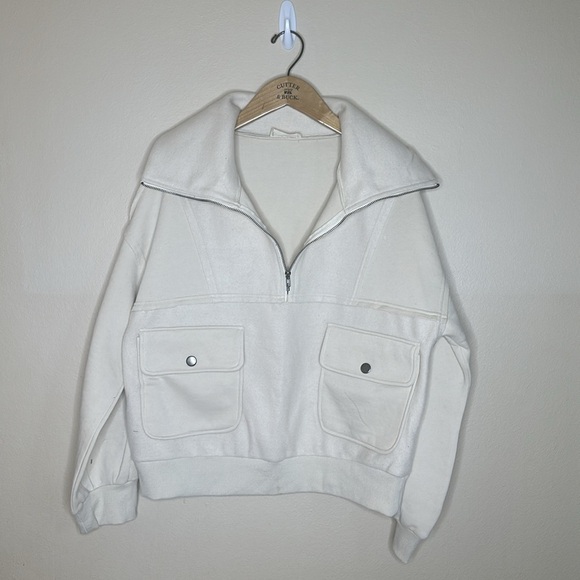 New In Half Zip Fleece Pullover Cream Womens Size  Large Cargo Pockets Relaxed - Picture 4 of 11